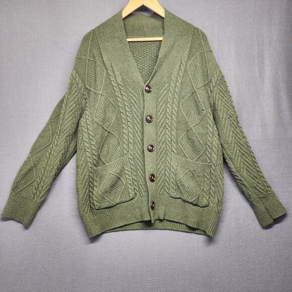 Cable Knit Cardigan Sweater Mens Large Olive Green Shawl Collar Button Pockets - Picture 1 of 16